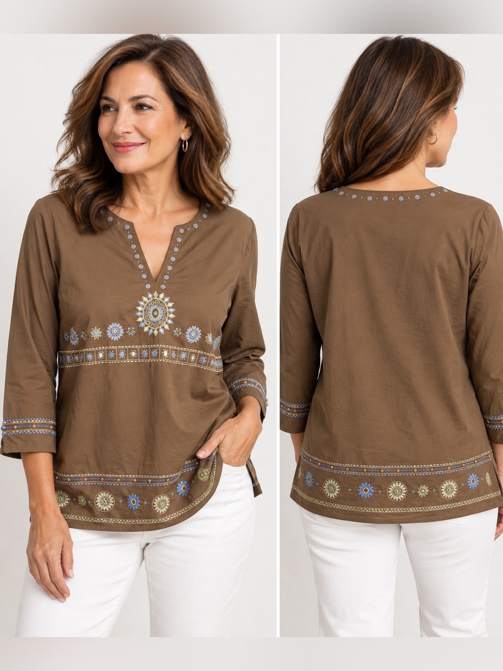 Talbots Petites Embroidered Boho Tunic Top Brown Large L